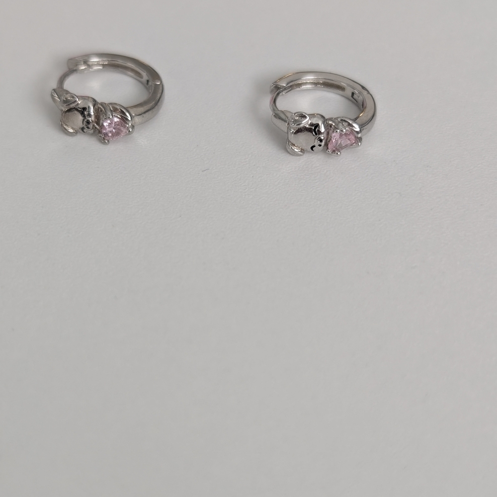 Silver Hoop Earrings with Pink Heart Gem